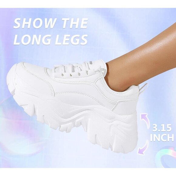 Brand New Women White Rubber LUCKY STEP Chunky Platform Lace-Up Walking Sneaker - Picture 4 of 9